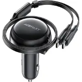 Acefast Chargeur de voiture B13, 53W, 2xUSB-C, avec câble rétractable (noir), Adaptateur pour véhicule, Noir