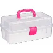 Relaxdays 10 boîtes en plastique transparent, 9 compartiments pour petites pièces, souples, fermeture à clic, poignée, H x l x P : 14 x 33 x 19 cm, rose