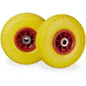 Relaxdays 4 roues pour diable, pneus en caoutchouc plein anti-crevaison, 3,00-4 pouces, axe de 20 mm, charge maximale de 80 kg, roue de secours 260 x 85 mm, jaune-rouge