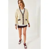 Bianco Lucci Cardigan crème / bleu foncé / rouge carmin