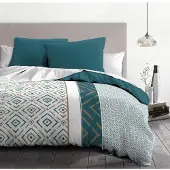 HOME LINGE PASSION Ensemble de couette Ethno microfibre - 1 housse de couette 240x260 cm + 2 taies d'oreiller 63x63 cm - Bleu canard - Maison - Linge de maison - Passion