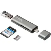 PNY Technologies Lecteur de carte USB (USB-C), Lecteur de carte mémoire, Gris, Argent