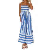Semoic Robe longue smockée à rayures et dos nu pour femme