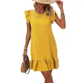 Semoic Robes d'été pour femmes, col rond, manches courtes, volants