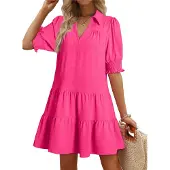 Jojomino Robe plissée à manches mi-longues pour femme, rose rouge, XL