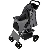 MonsterShop Poussette pour animaux de compagnie pliable avec porte-chaise-longue, auvent et housse de pluie - cadre acier, capacité 15 kg, chariot de voyage