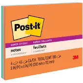 Notes de runion super collantes 6845SSP, couleurs assorties, 8 x 6 pouces, 45 feuilles (paquet de 4)
