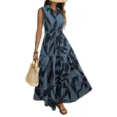 Semoic Robe longue d'été fleurie à col boutonné pour femme