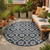 FRAAI Tapis d’extérieur rond – Rio Flower Bleu | Ø 160cm | Bleu | Rond | Tapis
