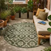 FRAAI Tapis d’extérieur rond – Rio Flower Vert | Ø 100cm | Rond | Tissage plat