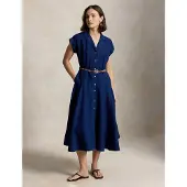 Ralph Lauren pour femme. 211B22538002 Robe chemise en lin à manches courtes marine (36), Bleu, Casuel, Manche courte