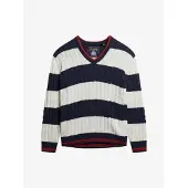 Superdry Femme Pull OverTaille Torsadé et Rayé à col V Navy Taille: 38