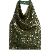 Superdry Cowl Halter Sequin Sleeveless Blouse Vert XL Femme