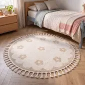 Little Olly Tapis rond lavable pour enfant | Moos Flower Crème | Ø 80cm | Crème | Rond