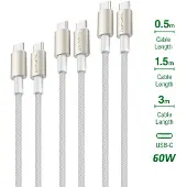 4smarts Câbles USB-C vers USB-C PremiumCord 60 W, lot de 3 (0,5 m + 1,5 m + 3 m), blanc / argent