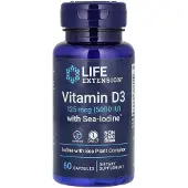 Life Extension , Vitamine D3 avec Iode Marin, 125 mcg (5 000 UI), 60 Gélules