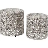 Wohnling Lot de 2 tables gigognes rondes en aluminium avec motif décoratif en forme de feuilles Tables décoratives modernes Table basse Table d'appoint Ensemble de tables design pour salon