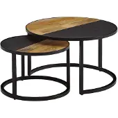 Wohnling Table basse 2 pièces table basse massive en bois de manguier / aspect pierre ronde moderne |