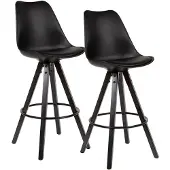 Wohnling Lot de 2 tabourets de bar noir similicuir / bois massif Chaise de bar scandinave 2 pièces avec pieds noirs Tabouret de comptoir avec dossier Hauteur d'assise 77 cm