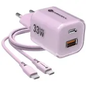 Forcell F-ENERGY Crystal Color GaN III VT-41 chargeur de voyage avec câble en silicone avec 1 x Type C + 1x USB A prises, PD QC4.0 33W violet
