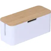 Relaxdays Boîtier de rangement pour multiprise , en bambou, avec couvercle, dimensions : 14,5 x 34 x 11 cm, pour dissimuler les câbles, boîtier pour multiprise, naturel/blanc