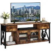 Relaxdays , meuble TV bas, dimensions (H x L x P) : 60 x 140 x 40 cm, 2 tiroirs, 4 compartiments, style industriel, table basse TV, couleur marron/noir
