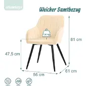 Relaxdays , ensemble de 2 chaises de salle à manger, en velours, avec pieds en métal, avec accoudoirs, pour salle à manger et cuisine, chaise de cuisine rembourrée, couleur beige