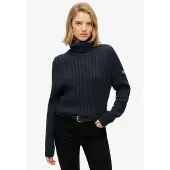 Superdry pour femme. W6110614A Pull à Torsades Ample Col Roulé marine (L), Casuel, Coton, Manche longue