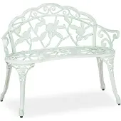 Relaxdays Banc de jardin , 2 places, motif roses, terrasse, balcon, aluminium et fonte, banc de style ancien, 78 x 98 x 55,5 cm, blanc/vert