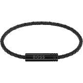 BOSS Bracelet tressé en cuir noir avec plaquette logo