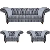 AEA Chesterfield Hellgraue Sofagarnitur Edler Polster Dreisitzer 2x Sessel