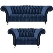 AEA Ensemble de canapés Chesterfield textile bleu Canapés 3 places 2pcs