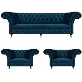 AEA Blaue Chesterfield 2x Sessel Wohnzimmer Dreisitzer Polster Couch 3tlg