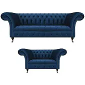 AEA Edle Chesterfield Sofagarnitur Designer Blauer Dreisitzer Polster 2-er