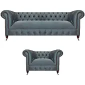 AEA Hellgraue Polster Chesterfield Garnitur Wohnzimmer Dreisitzer Sessel