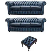 AEA Klassische Leder Sofa Couch Polster Garnitur Chesterfield 3+3 Hocker