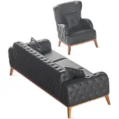AEA Schwarze Arbeitszimmer Sitzmöbel Designer Leder 3-Sitzer 1x Sessel 2tlg