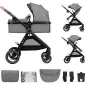Kinderkraft Poussette 2-en-1 ESME jusqu'à 25 kg, système de voyage avec adaptateurs, grandes roues en TPE à suspension, livrée avec tous les accessoires, pliable et compacte, gris