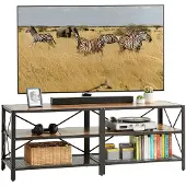 Relaxdays Meuble TV bas , 4 compartiments, étagère ouverte pour téléviseur jusqu'à 60 pouces, meuble TV, H x l x P : 52 x 140 x 39 cm, marron/noir