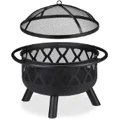 Relaxdays Brasero avec pare-étincelles, pour jardin et terrasse, avec tisonnier, foyer d'extérieur, en acier, Ø 75 cm, noir