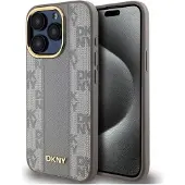 DKNY Leather Checkered Mono Pattern Magsafe Case For Iphone 15 Pro - Beige