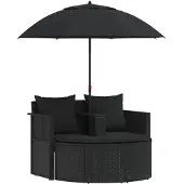 vidaXL Lit de jardin avec parasol Poly rotin noir