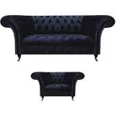 AEA Dunkelblaue Chesterfield Wohnzimmer Garnitur Lehnsessel 3-Sitzer 2tlg