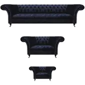 AEA Wohnzimmer Chesterfield Couchen Dunkelblaue Polster Garnitur 3tlg Set