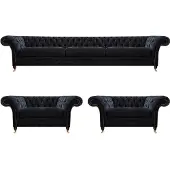 AEA Edle Schwarze Chesterfield Wohnzimmer Sitzgarnitur Dreisitzer Sessel