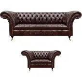 AEA Luxuriöses Braunes Chesterfield Lederset Designer 3-Sitzer Sessel 2tlg