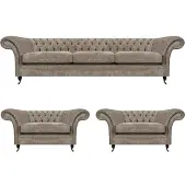AEA Graue Polster Chesterfield Garnitur Textilsofa 3-Sitzer 2 Einsitzer 3tlg