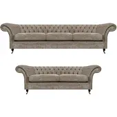 AEA Chesterfield Hellgraue Sofagarnitur Wohnzimmer 3-Sitzer Luxus Zweisitzer