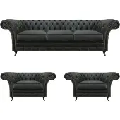 AEA Luxus Schwarz Wohnzimmer Set 3tlg Chesterfield 2x Sessel Dreisitzer Sofa