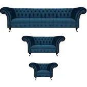 AEA Sofagarnitur Blau Luxus Komplett 3tlg Sitzmöbel Chesterfield Polster Sitz